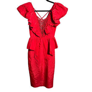 VTG Climax 80s‎ David Howard Red Party Prom NYE Dress Ruffles Dramatic 3/4 *XXS